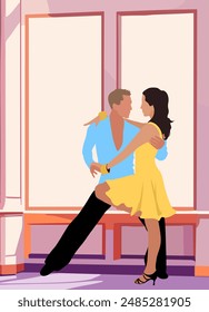 Pareja bailarina, bailarinas Bachata, Salsa, Flamenco, Tango, Danza latina. Joven y mujer en pose de baile en salón de baile, clase de baile. Ilustración vectorial plana estilo caricatura.