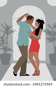 Pareja Bailarina, Bailarinas Tango, Salsa, Bachata, Latina Dance. Joven y mujer en pose de baile. Ilustración realista de Vector en café monocromo gris, restaurante, fondo interior de salón de baile.