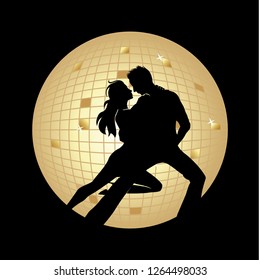 dancing couple with disco ball in behind, vector