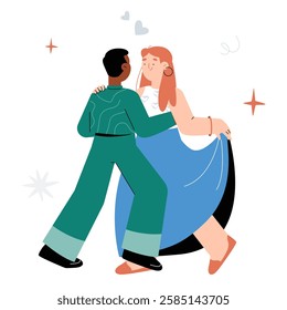 Dancing Couple In Elegant Attire In Flat Vector Illustration Symbolizing Romance, Passion, And Celebration, Isolated On White Background