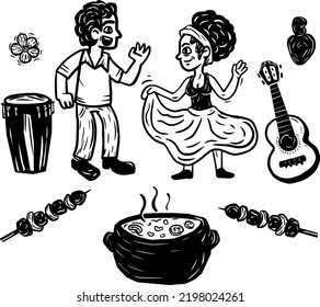 Dancing couple, elements of Brazilian cuisine and music