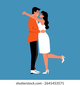 Dancing couple enjoys a joyful moment while celebrating an evening together in a vibrant setting