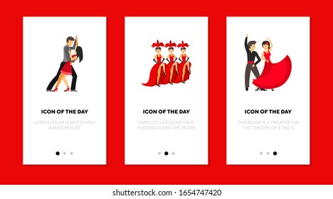 Dancing couple or group flat icon set. Tango, dance, body isolated vector sign pack. Movement and activity concept. Vector illustration symbol elements for web design and apps