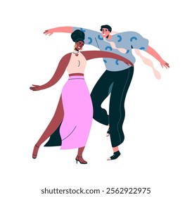 Dancing couple. Happy man and woman, energetic and elegant partner dancers, enjoying movements at disco party. Two young people, female and male. Flat vector illustration isolated on white background