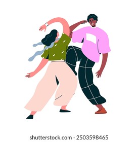 Dancing couple, happy young woman and man, disco dancers in action. Excited male and female partners. Modern characters enjoying discotheque. Flat vector illustration isolated on white background