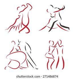 Dancing couple logo set isolated on white background. Tango, waltz, salsa. Vector dancing couple illustration set.