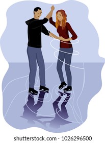 
Dancing couple in love at the ice rink. Vector illustration