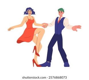 Dancing couple. Man and woman dancers. Romantic leisure time or hoppy. Choreographic studio characters. Waltz, latino or rumba. Boy and girl on party. Cartoon flat style isolated vector illustration