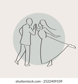 Dancing couple man and woman hand drawn line style illustration