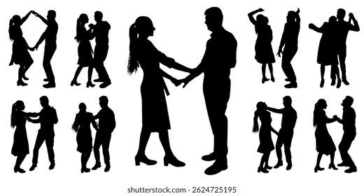 Dancing couple of man and woman, set of silhouettes. Vector illustration