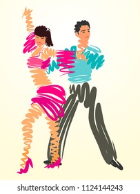 Dancing couple man and woman. Vector illustration stylized as watercolor