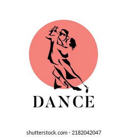 Dancing couple man and woman vector illustration, logo, icon for dansing school, party. White, Pink and black.