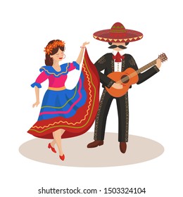 Dancing Couple In Mexican Folk Costumes; National Holiday, Folk Style. Mexico, Dance, Costumes, Sombrero, Guitar, Music Festival. Flat Style, Concept, Banner, Postcard, Vector Illustration.