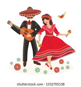 Dancing couple in mexican folk costumes; national holiday, folk art. Man and girl play musical instruments: guitar and maracas; sombrero. Flat style, concept, banner, postcard, vector illustration.