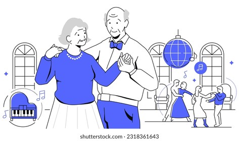 Pareja bailarina - moderna ilustración de diseño de línea sobre fondo blanco. Composición con hombres y mujeres mayores felices de participar en su pasatiempo favorito. Diversión y movimiento, lujuria por la vida