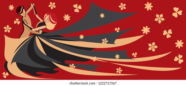 Dancing couple on a red background with flowers. Abstract background.