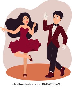 A dancing couple on a sick or Latin American dance program.   Male and female cartoon characters perform dances at school or at a party. Vector illustration isolated on a white background