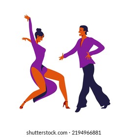 Tanzpaare auf Turnieren. Vektorgrafik von professionellen Ballsaal-Tänzern für Poster, Banner. Internationales Latein: Cha cha, Samba, Rumba, Paso Doble. American Rhythm: Salsa, Mambo, Schaukel.