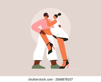 Dancing couple, partner choreography. Young beautiful man and woman making tango, rumba or salsa moves. Two ballroom dancers together. Isolated flat vector illustration