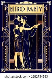 Tanzpaare auf einer Party im Stil des frühen 20. Jahrhunderts. Einladungskarte für die Retro-Party. Handgefertigte Zeichnung Vektorillustration Illustration. Art-Deco-Linearstil.