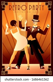 Dancing couple at a party in the style of the early 20th century. Retro party invitation card. Handmade drawing vector illustration. Art Deco style.