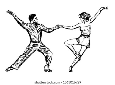 Dancing couple of people. Flat design, black line isolated on white. Vector image.