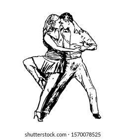 Dancing couple of people. Flat design, black line isolated on white. Vector image.