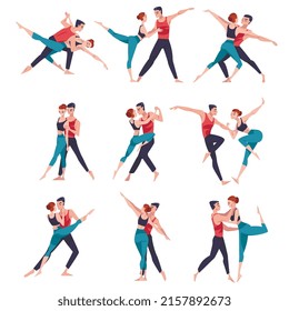 Dancing Couple Performing Dance at Choreography Class Vector Set