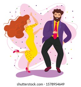 DANCING COUPLE. THE RED-HAIRED GIRL IN THE YELLOW DRESS AND THE DARK-HAIRED BEARED MAN IN THE PURPLE JACKET, THE YELLOW SHIRT AND THE PINK TIE