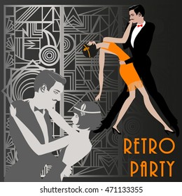 Dancing couple: Retro party invitation design template. Vector illustration.