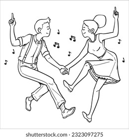 Dancing couple retro style coloring page for adult, Man and woman dance romantic illustration, Prince and princess fairytale outline. Coloring book Couple dancing waltz. 