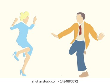 Dancing couple. Retro style. Funny colorful vector illustration. Applique or paper cut style.