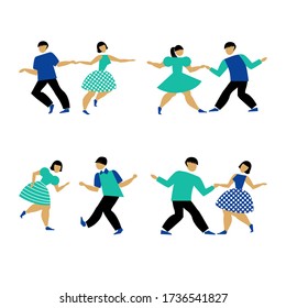 Dancing couple set on white background. Guys and the girls dancing to swing Lindy hop or rock and roll. Male and female performing at dance party. Vector illustration in flat style