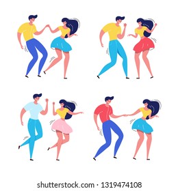 Dancing couple set. Rockabilly dance party. Happy swing dancers vector illustration isolated 