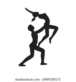 Dancing couple silhouettes, male and female two arms lift pose,  gymnastic logo isolated on white background.