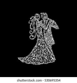 Dancing couple silver silhouette. Vector illustration. Art silver glitter icon. Creative concept for web, dancing school logo, bright sequins, sparkle tinsel, abstract bling, shimmer dust.