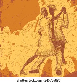 Dancing Couple A sketchy, hand-drawn couple dancing the tango over an abstract background.