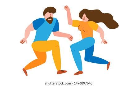 Dancing couple spend time together. Happy cartoon characters of people in 50s retro style. Romantic characters people activity illustration. Flat simple vector illustration