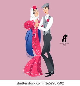 Dancing couple in traditional clothes during the festival of “San Isidro” (Fiestas de San Isidro), patron of Madrid. Vector illustration.