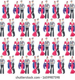 Dancing couple in traditional clothes during the festival of “San Isidro” (Fiestas de San Isidro), patron of Madrid. Seamless background pattern. Vector illustration