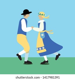 Dancing couple in traditional swedish cotumes, vector illustration.