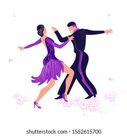 Dancing couple. Trendy vector illustration of professional ballroom dancers for poster, banner. International Latin: Cha cha, Samba, Rumba, Paso Doble, Jive. American Rhythm: Salsa, Mambo,  Swing.