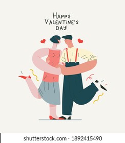 Dancing couple - Valentines day graphics. Modern flat vector concept illustration - a young hetoresexual couple dancing together, wearing vintage costumes. Hearts. Cute characters in love concept