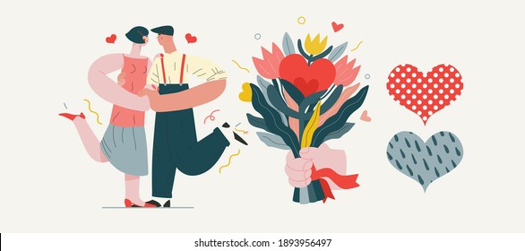 Dancing couple - Valentines day graphics. Modern flat vector concept illustration - a young hetoresexual couple dancing together, wearing vintage costumes. Hearts. Cute characters in love concept