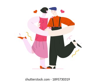 Dancing couple - Valentines day graphics. Modern flat vector concept illustration - a young hetoresexual couple dancing together, wearing vintage costumes. Hearts. Cute characters in love concept