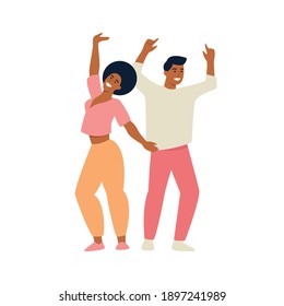 Dancing couple vector iilustration. Flat characters - young cheerful man and woman - dancing and smiling. Celebration, freedom, party, dance, friendship, relationship, diversity concepts. 