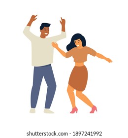 Dancing couple vector iilustration. Flat characters - young cheerful man and woman - dancing and smiling. Celebration, freedom, party, dance, friendship, relationship, diversity concepts. 