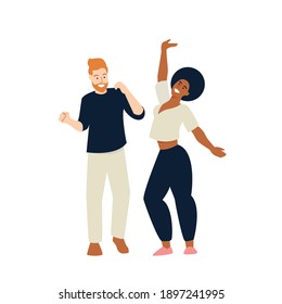 Dancing couple vector iilustration. Flat characters - young cheerful man and woman - dancing and smiling. Celebration, freedom, party, dance, friendship, relationship, diversity concepts. 