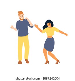 Dancing couple vector iilustration. Flat characters - young cheerful man and woman - dancing and smiling. Celebration, freedom, party, dance, friendship, relationship, diversity concepts. 