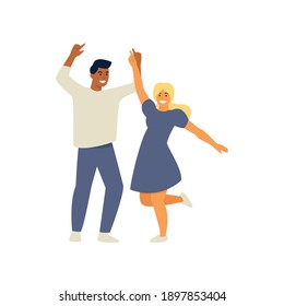 Dancing couple vector iilustration. Flat characters - young cheerful man and woman - dancing and smiling. Celebration, freedom, party, dance, friendship, relationship, diversity concepts. 